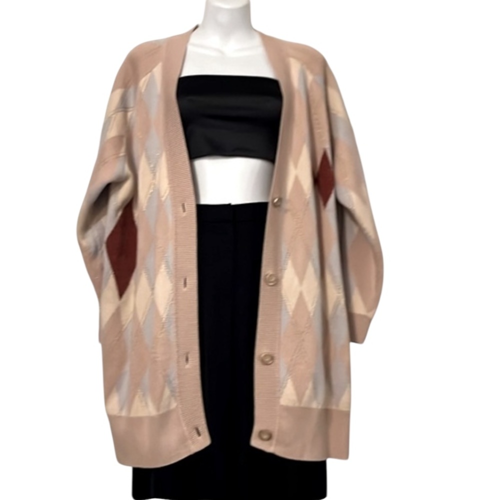 Oversized Button Down Womans V-Neck Argyle Diamond Grandpa Asymmetrical Cardigan